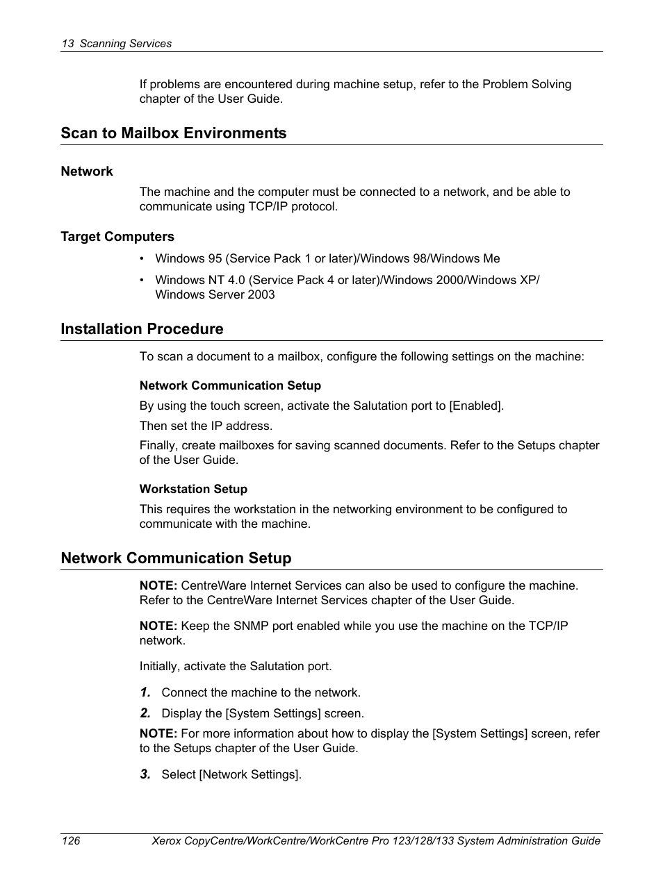 Scan to mailbox environments, Installation procedure, Network communication setup | Xerox WorkCentre M123-M128-6336 User Manual | Page 126 / 166