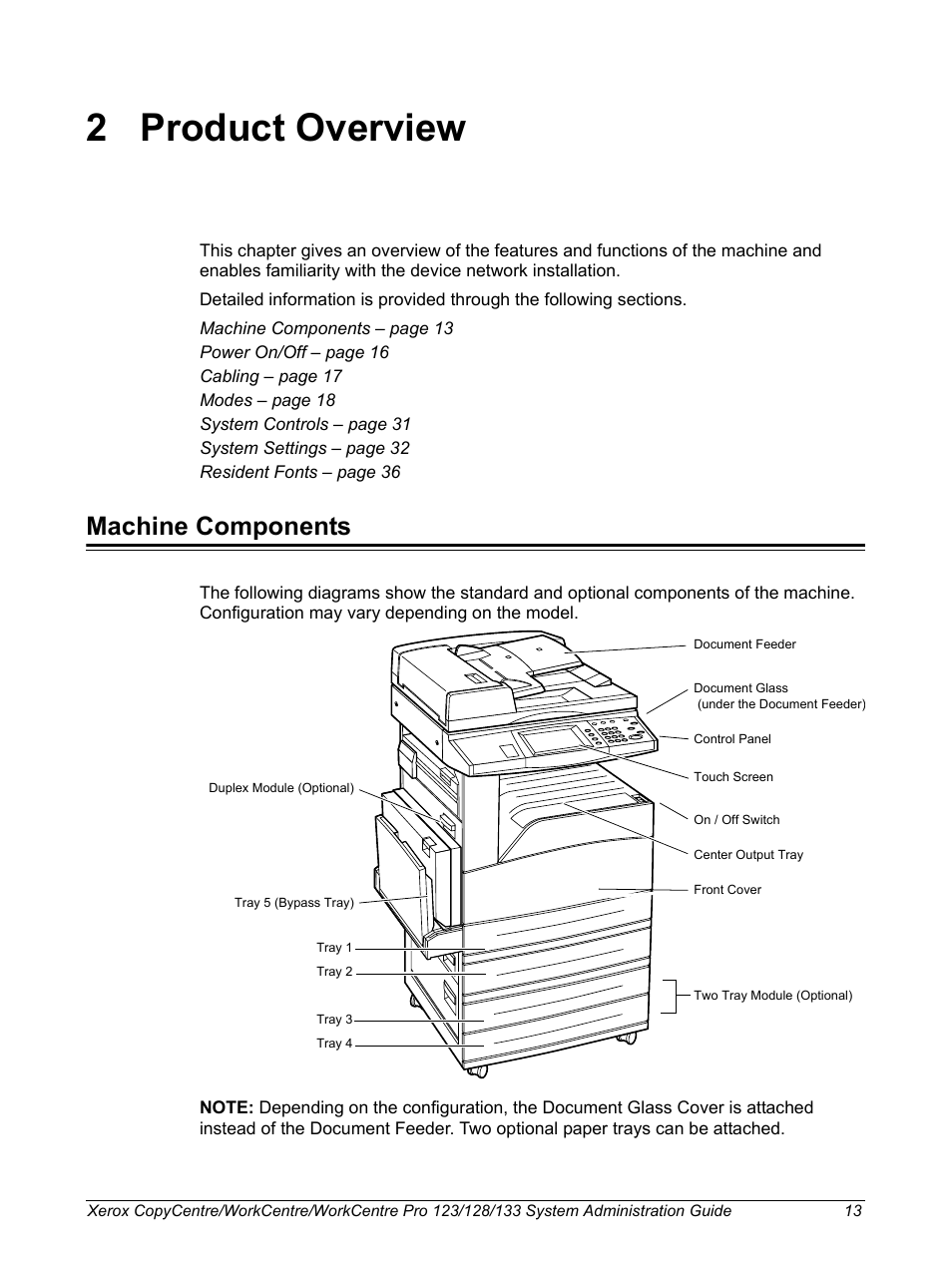 2 product overview, Machine components, Product overview | Xerox WorkCentre M123-M128-6336 User Manual | Page 13 / 166