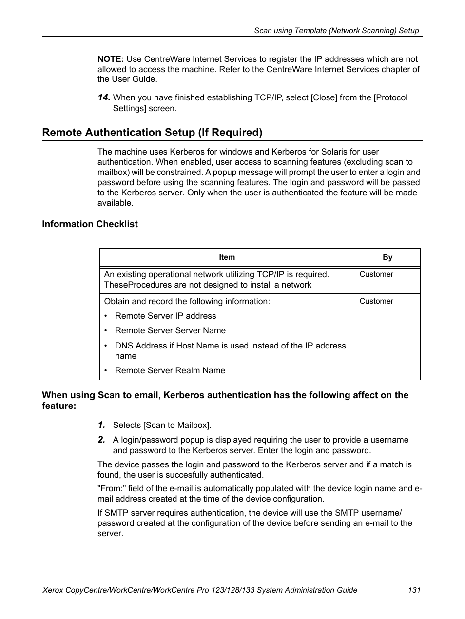 Remote authentication setup (if required) | Xerox WorkCentre M123-M128-6336 User Manual | Page 131 / 166