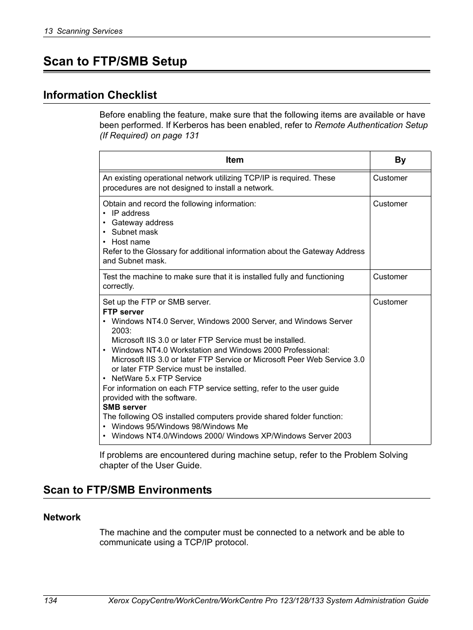 Scan to ftp/smb setup, Information checklist, Scan to ftp/smb environments | Information checklist scan to ftp/smb environments | Xerox WorkCentre M123-M128-6336 User Manual | Page 134 / 166