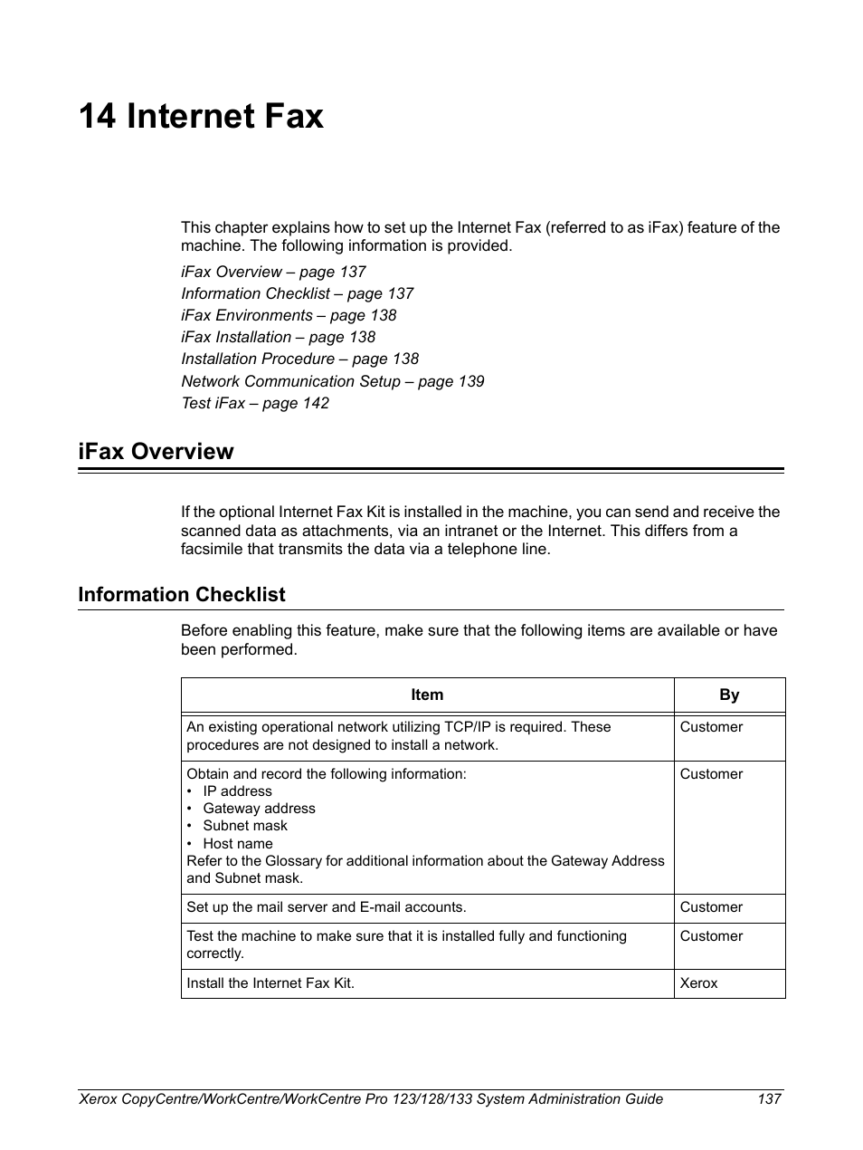 14 internet fax, Ifax overview, Information checklist | Xerox WorkCentre M123-M128-6336 User Manual | Page 137 / 166