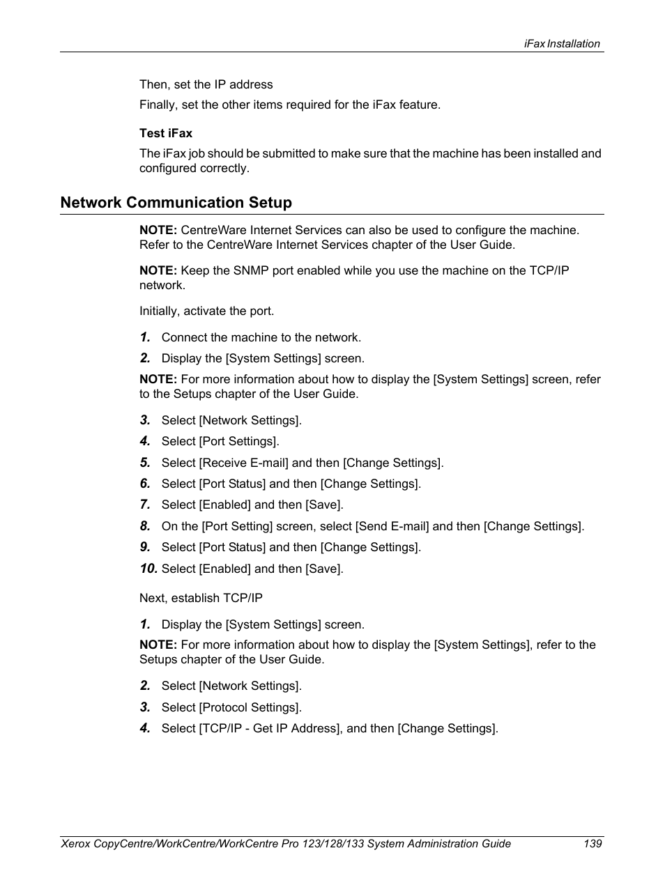 Network communication setup | Xerox WorkCentre M123-M128-6336 User Manual | Page 139 / 166