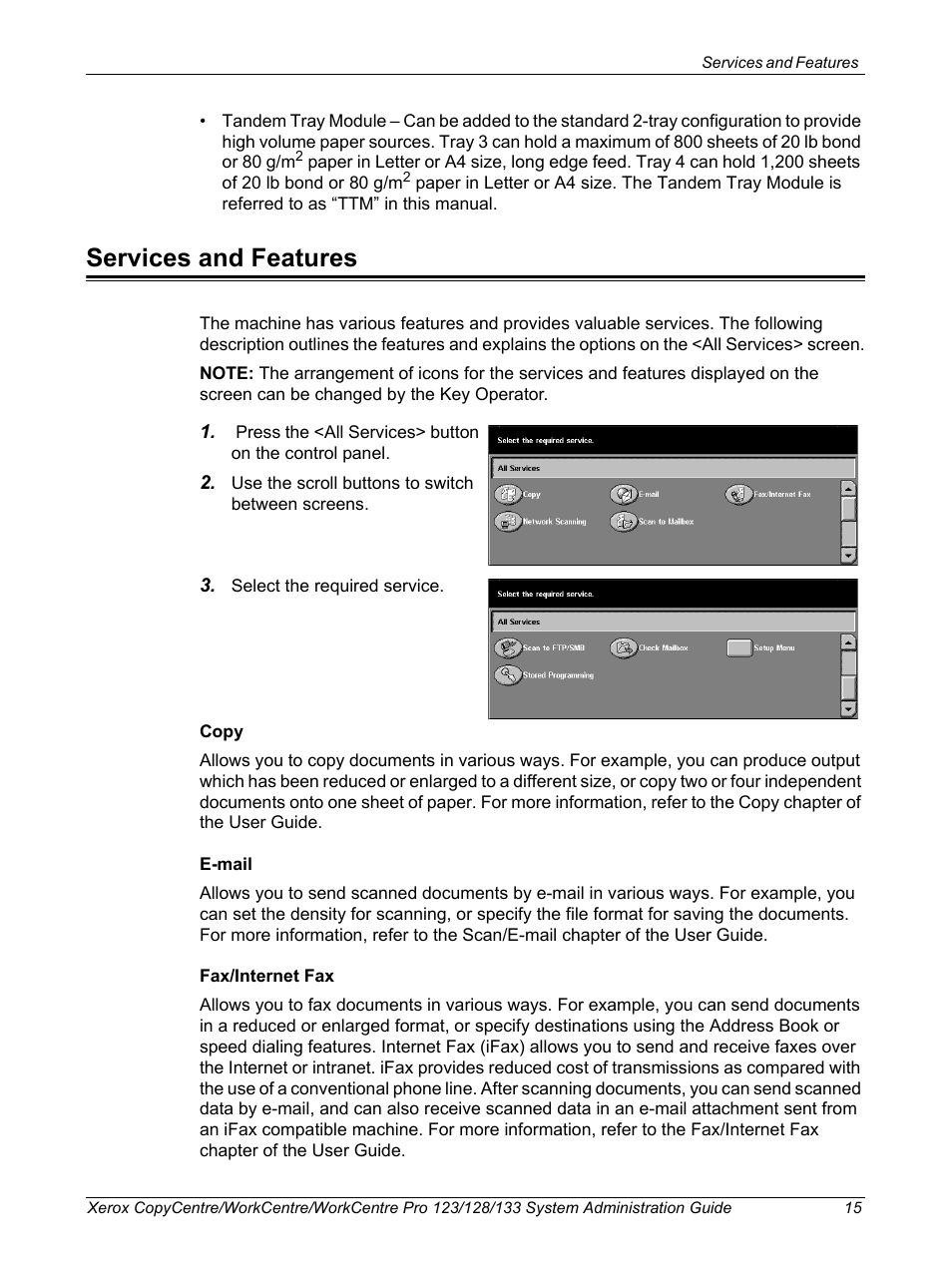 Services and features | Xerox WorkCentre M123-M128-6336 User Manual | Page 15 / 166