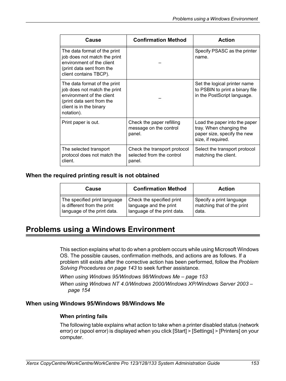 Problems using a windows environment | Xerox WorkCentre M123-M128-6336 User Manual | Page 153 / 166