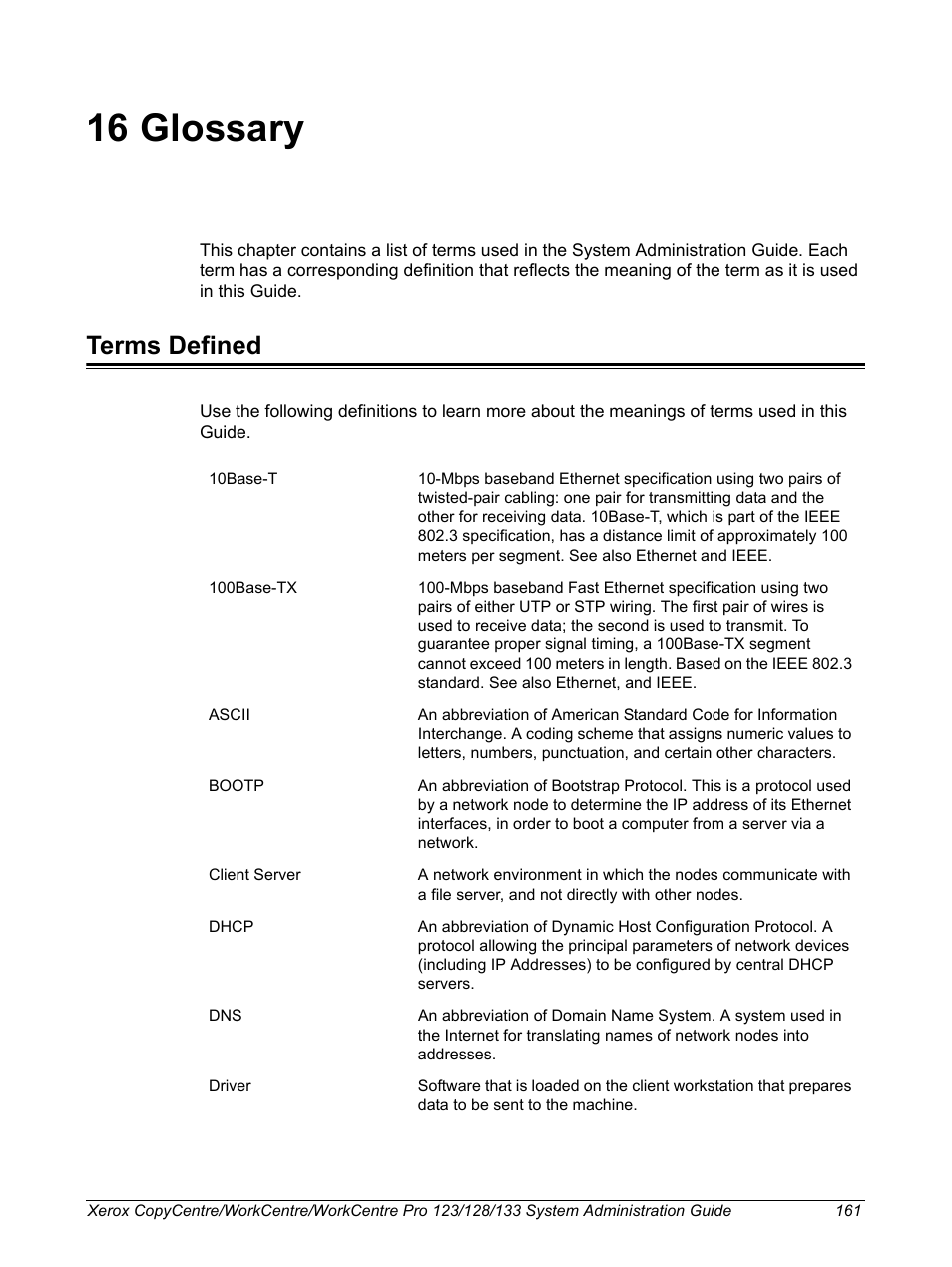 16 glossary, Terms defined | Xerox WorkCentre M123-M128-6336 User Manual | Page 161 / 166