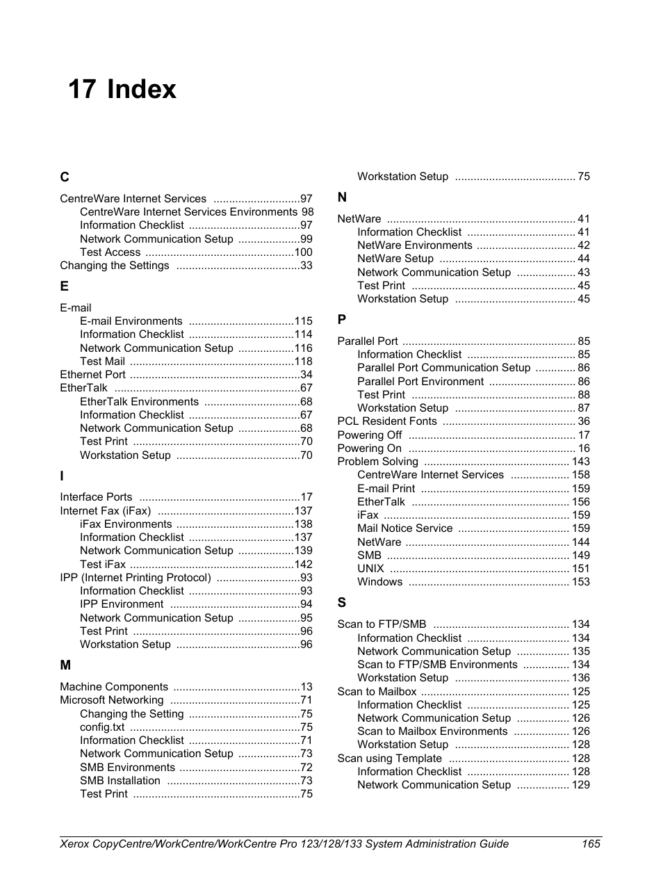 17 index | Xerox WorkCentre M123-M128-6336 User Manual | Page 165 / 166