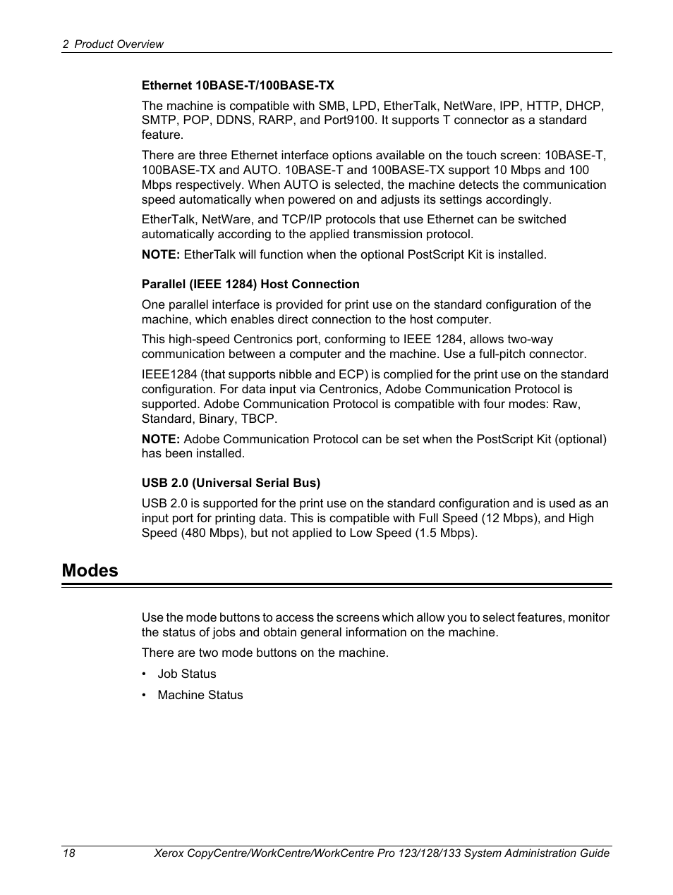 Modes | Xerox WorkCentre M123-M128-6336 User Manual | Page 18 / 166