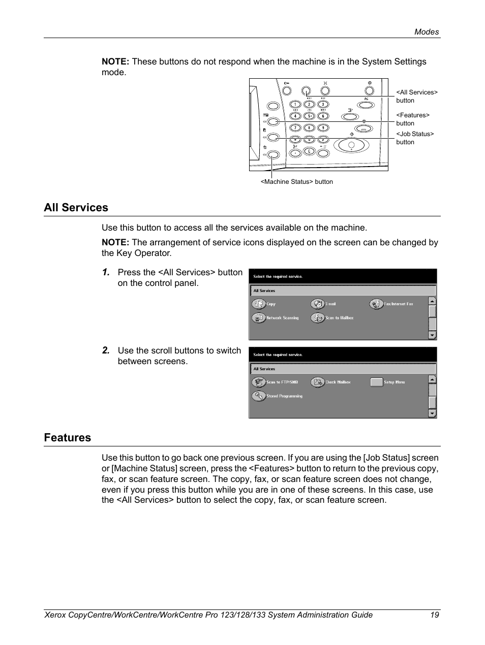 All services, Features, All services features | Xerox WorkCentre M123-M128-6336 User Manual | Page 19 / 166