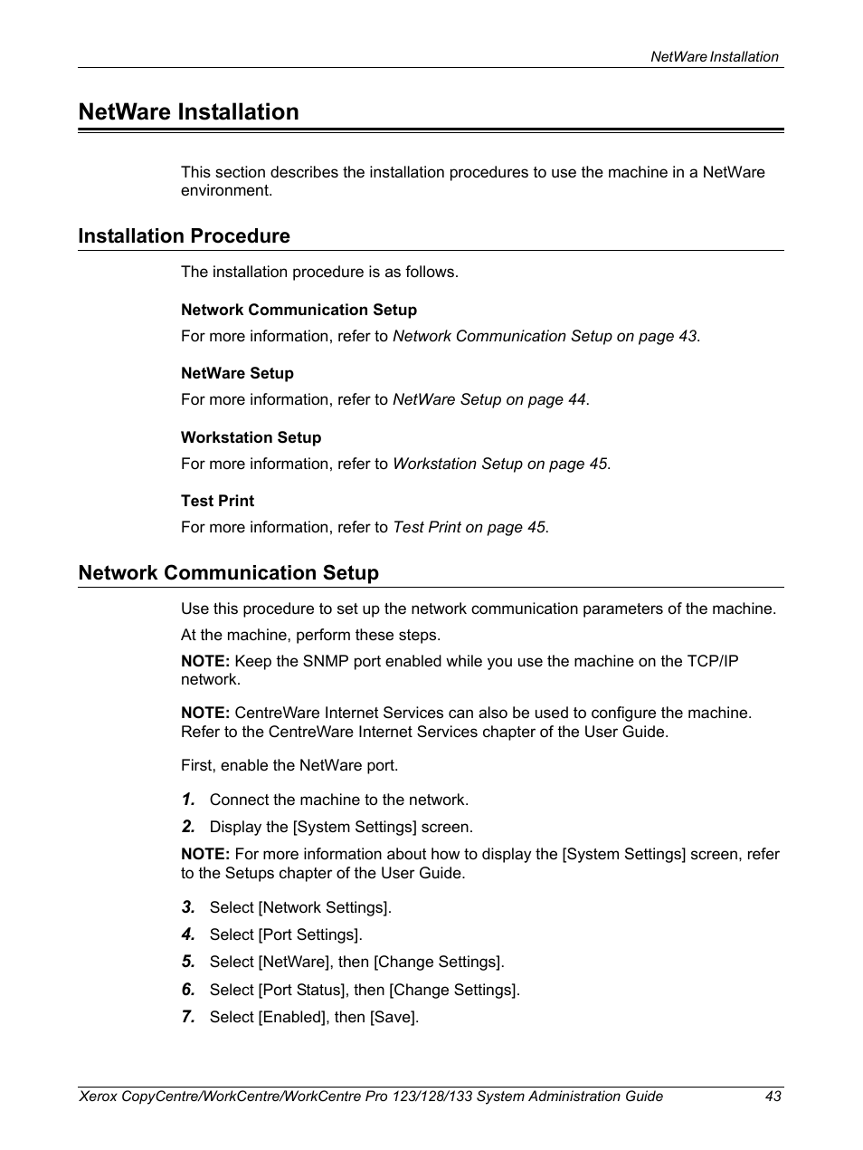 Netware installation, Installation procedure, Network communication setup | Installation procedure network communication setup | Xerox WorkCentre M123-M128-6336 User Manual | Page 43 / 166