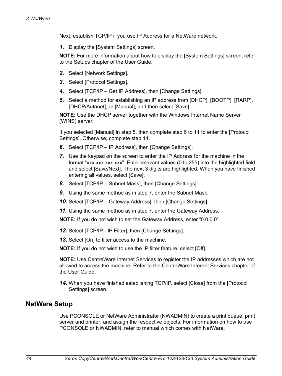 Netware setup | Xerox WorkCentre M123-M128-6336 User Manual | Page 44 / 166