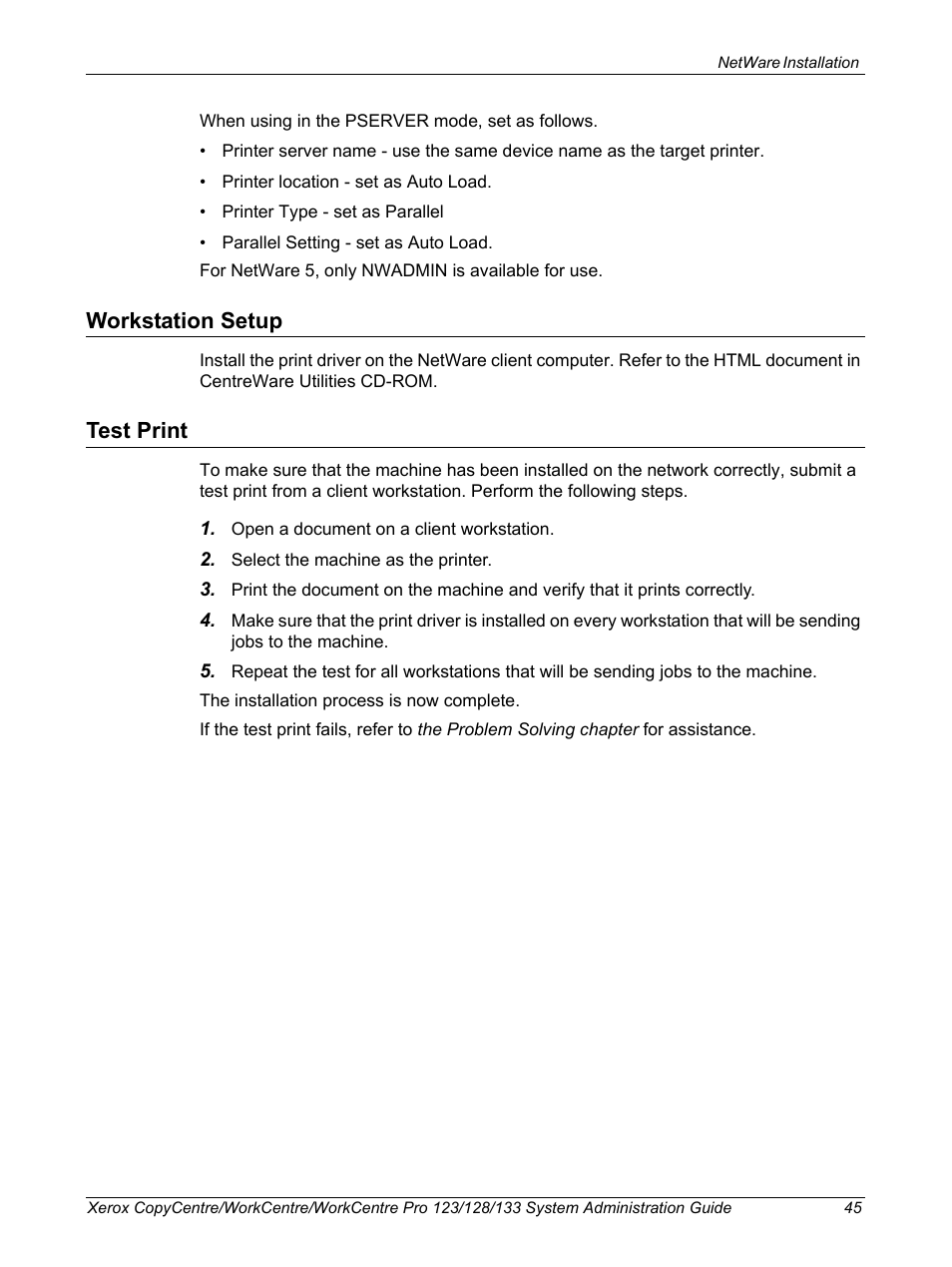 Workstation setup, Test print, Workstation setup test print | Xerox WorkCentre M123-M128-6336 User Manual | Page 45 / 166