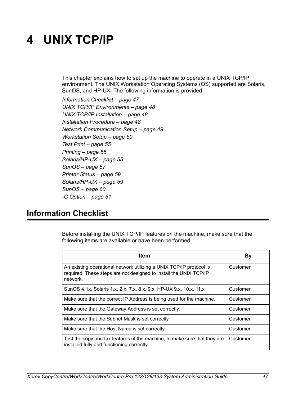 4 unix tcp/ip, Information checklist, Unix tcp/ip | Xerox WorkCentre M123-M128-6336 User Manual | Page 47 / 166