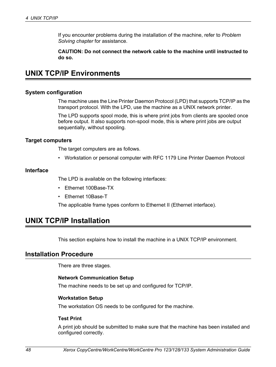 Unix tcp/ip environments, Unix tcp/ip installation, Installation procedure | Xerox WorkCentre M123-M128-6336 User Manual | Page 48 / 166