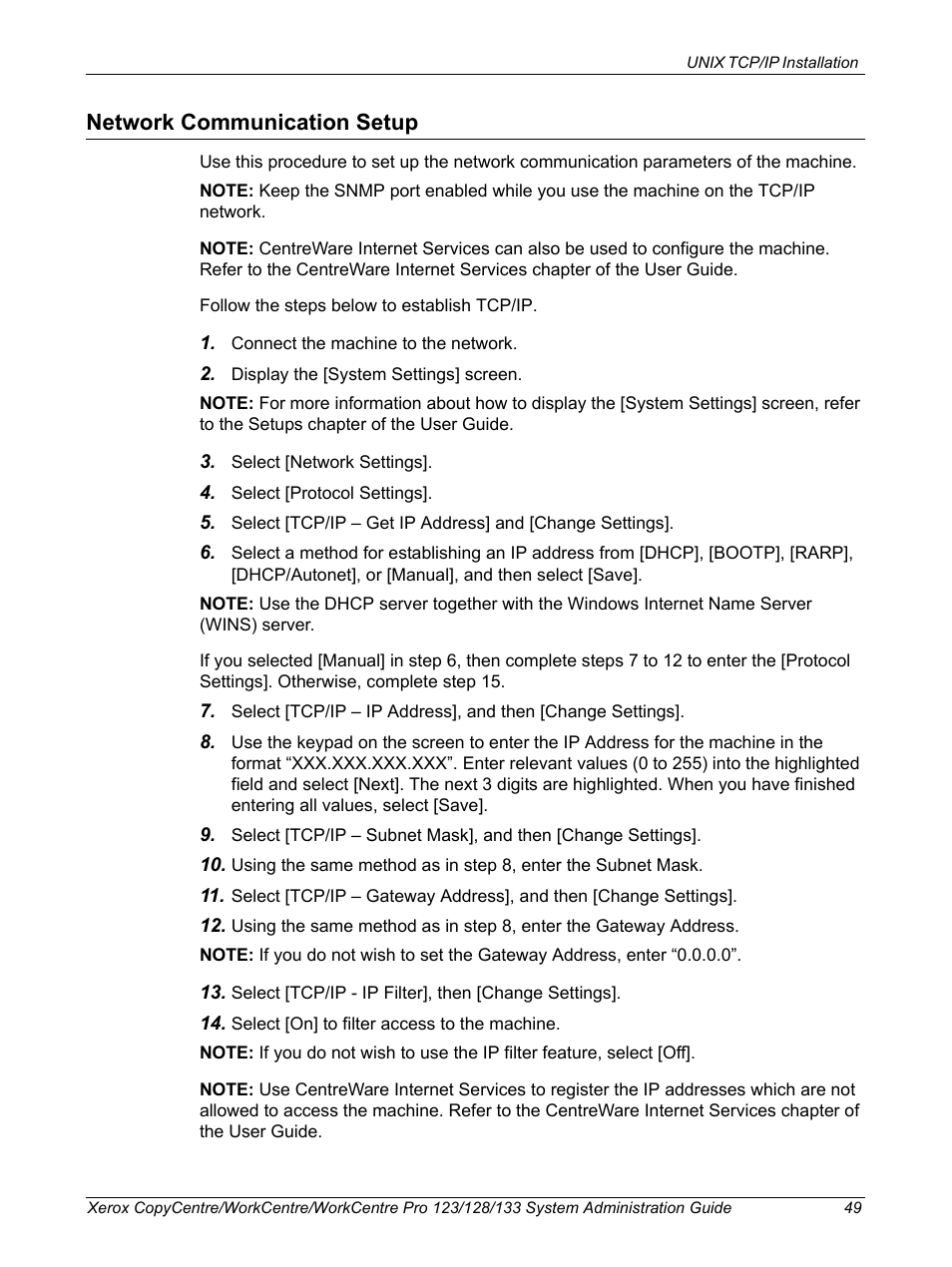 Network communication setup | Xerox WorkCentre M123-M128-6336 User Manual | Page 49 / 166