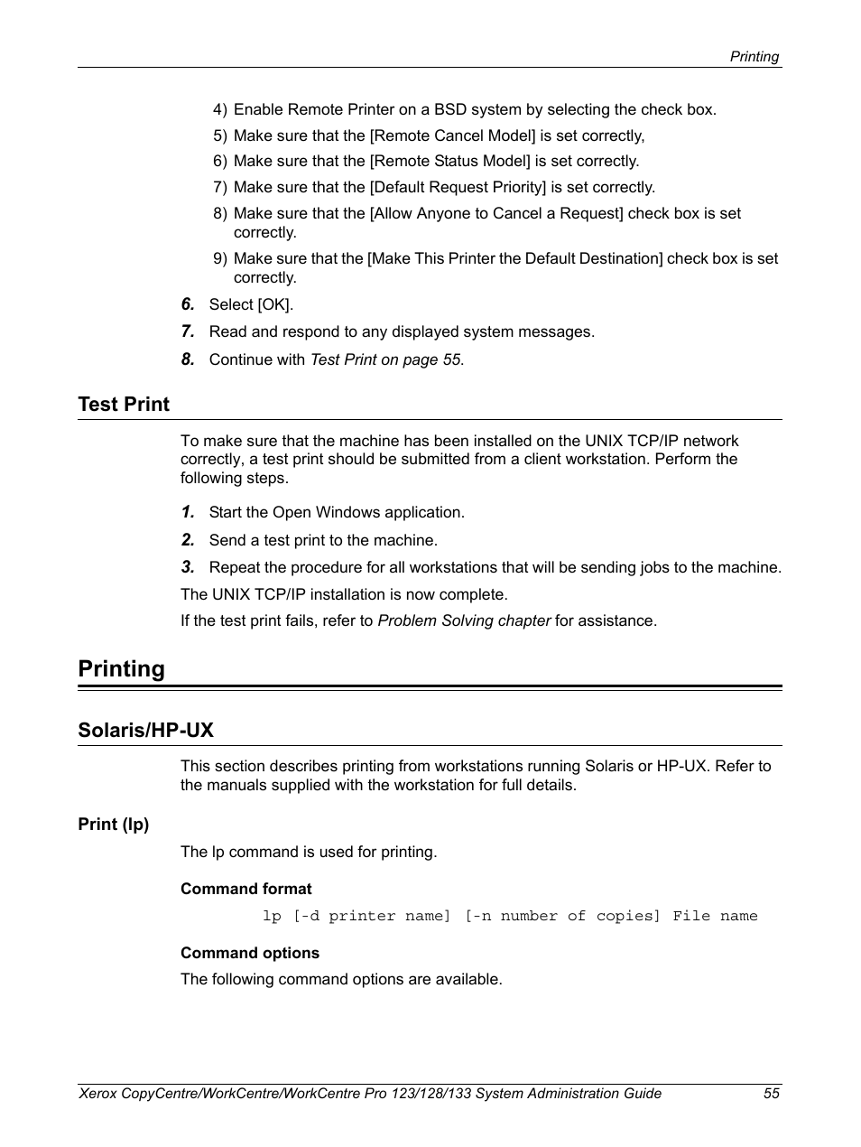 Test print, Printing, Solaris/hp-ux | Xerox WorkCentre M123-M128-6336 User Manual | Page 55 / 166