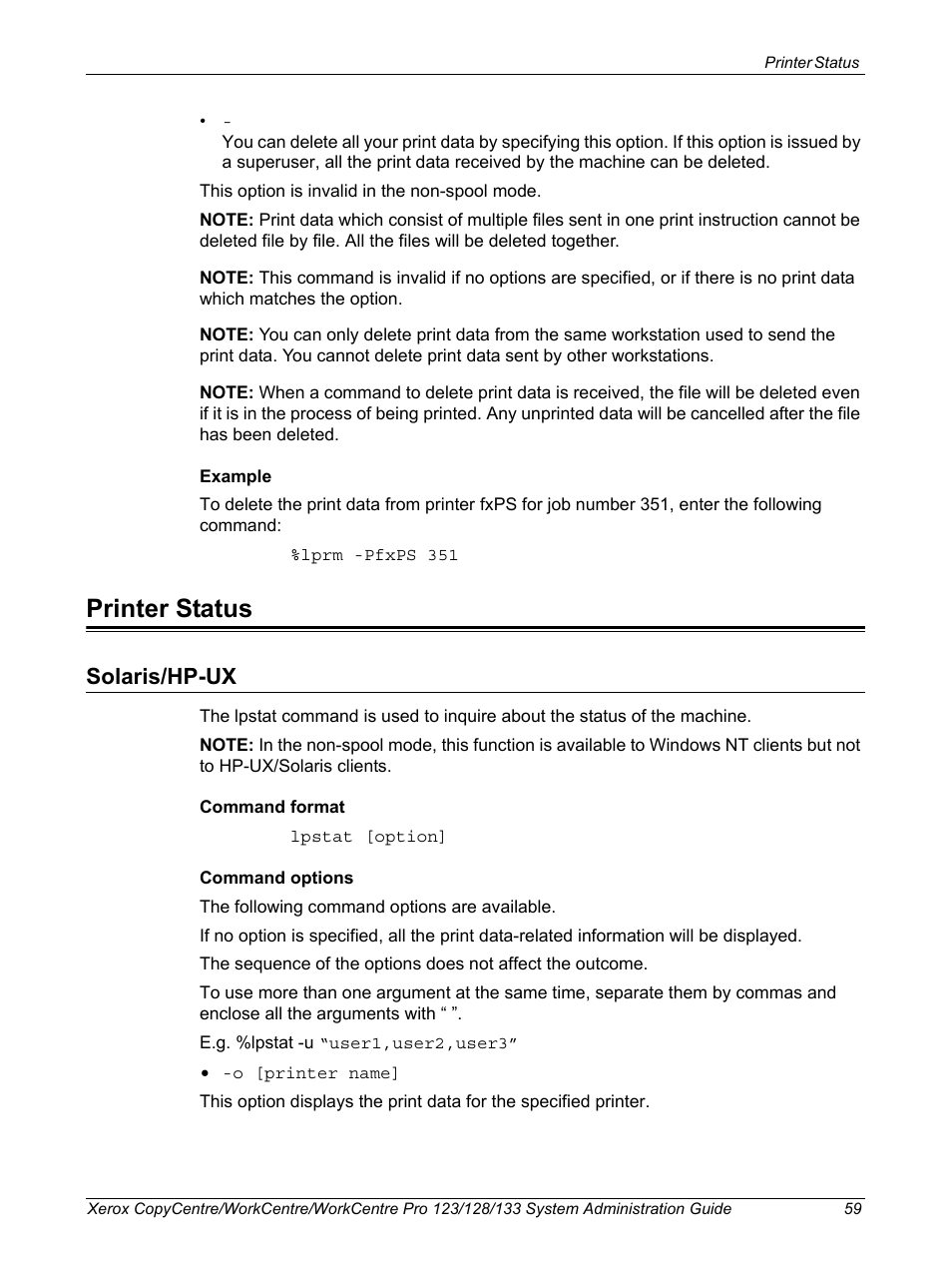 Printer status, Solaris/hp-ux | Xerox WorkCentre M123-M128-6336 User Manual | Page 59 / 166