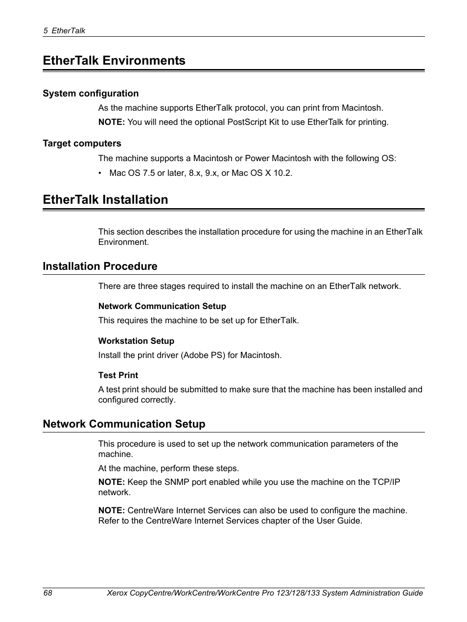 Ethertalk environments, Ethertalk installation, Installation procedure | Network communication setup, Installation procedure network communication setup | Xerox WorkCentre M123-M128-6336 User Manual | Page 68 / 166