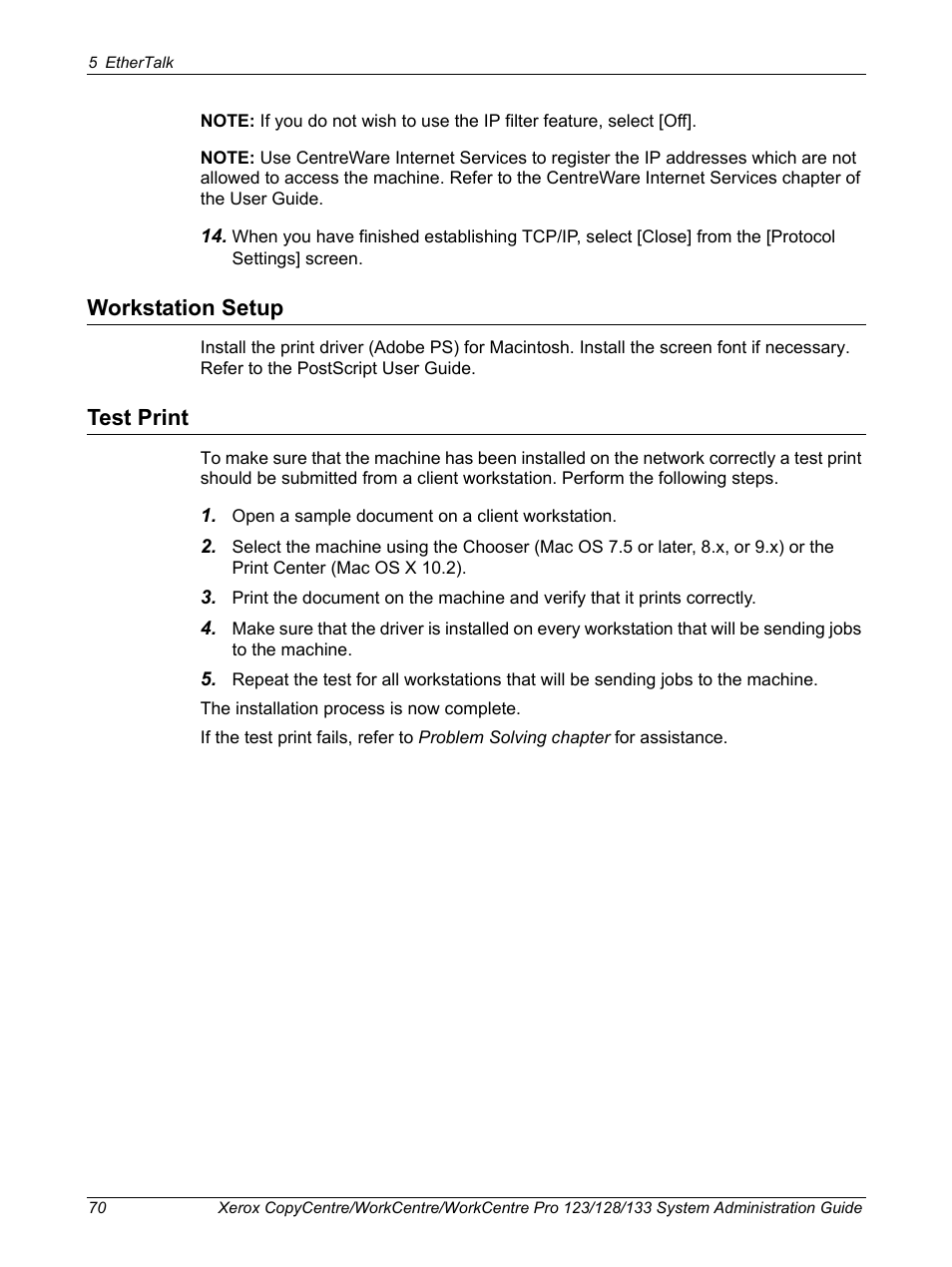 Workstation setup, Test print, Workstation setup test print | Xerox WorkCentre M123-M128-6336 User Manual | Page 70 / 166