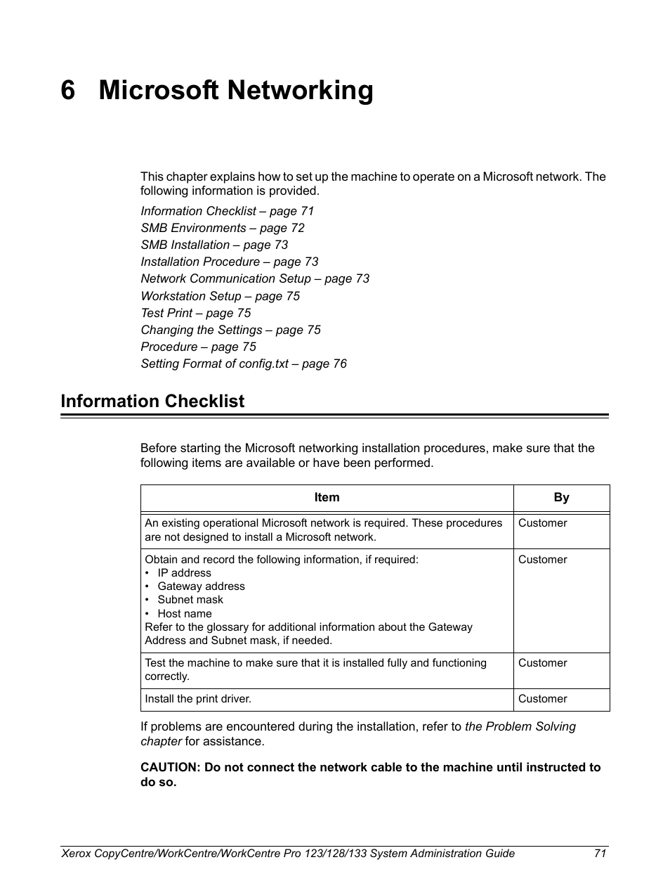 6 microsoft networking, Information checklist, Microsoft networking | Xerox WorkCentre M123-M128-6336 User Manual | Page 71 / 166