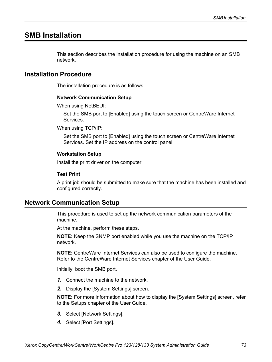 Smb installation, Installation procedure, Network communication setup | Installation procedure network communication setup | Xerox WorkCentre M123-M128-6336 User Manual | Page 73 / 166