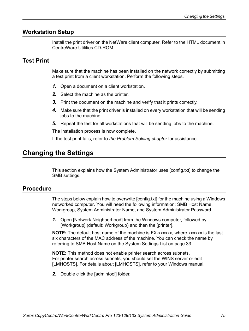 Workstation setup, Test print, Changing the settings | Procedure, Workstation setup test print | Xerox WorkCentre M123-M128-6336 User Manual | Page 75 / 166