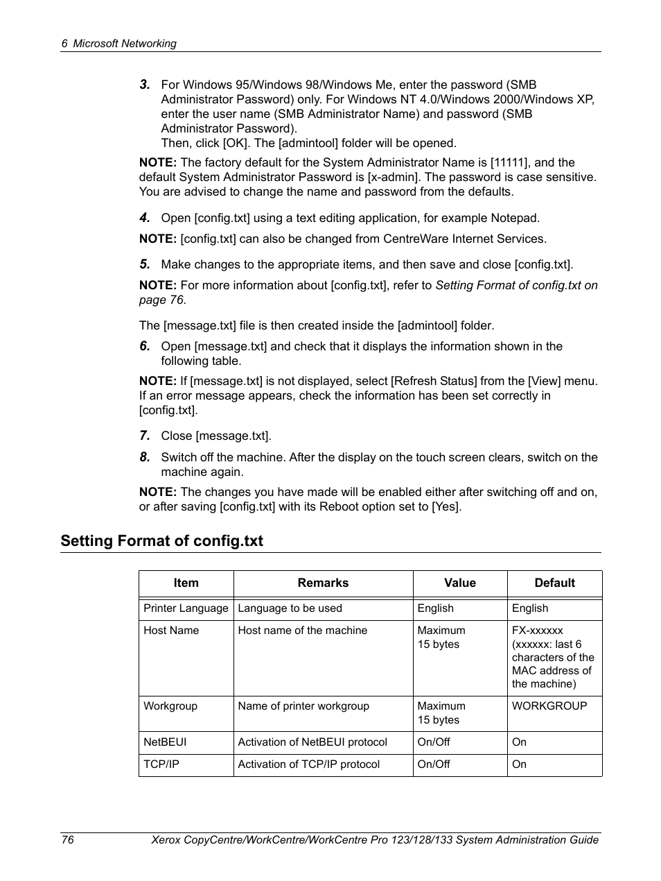 Setting format of config.txt | Xerox WorkCentre M123-M128-6336 User Manual | Page 76 / 166