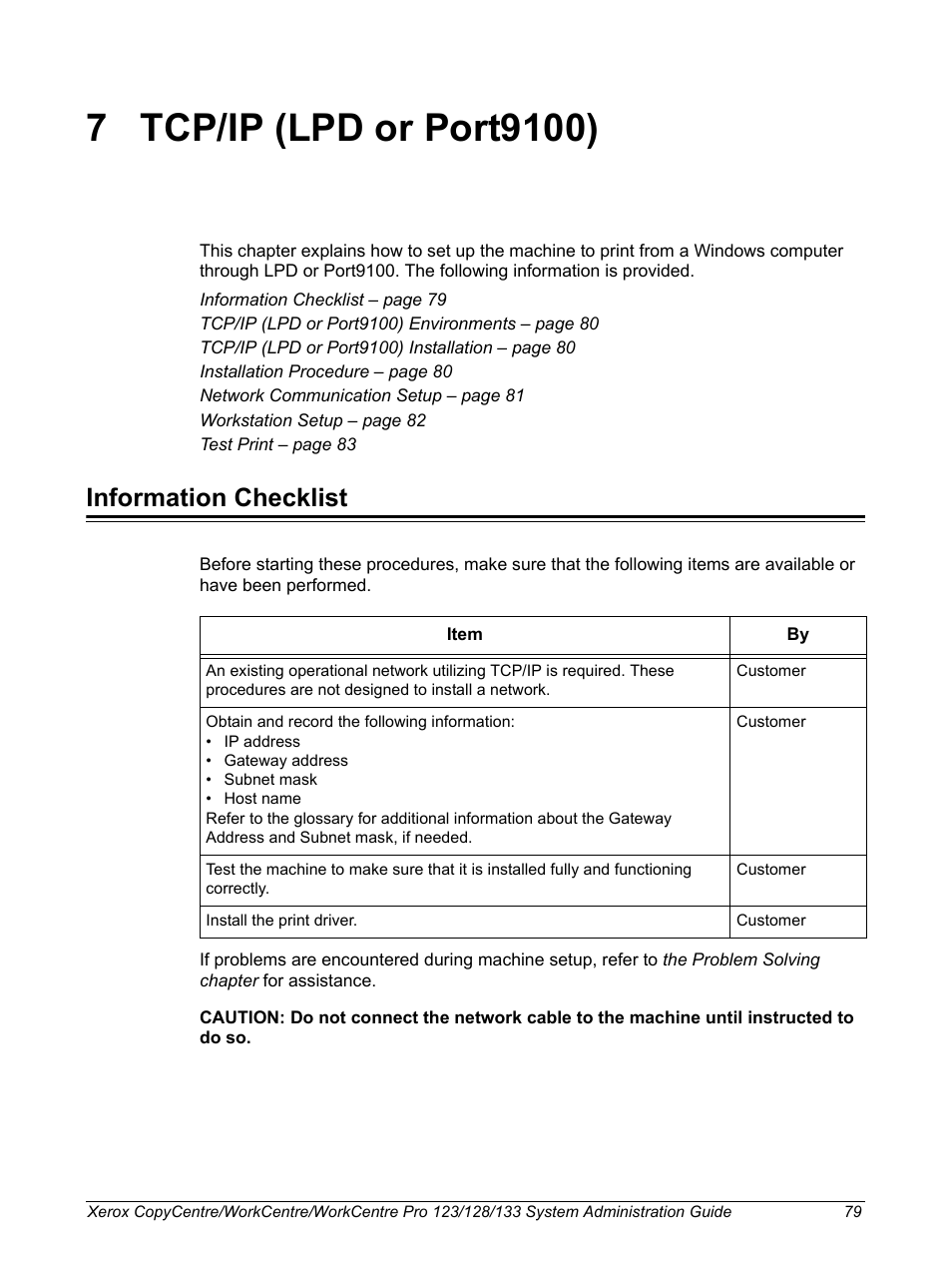 7 tcp/ip (lpd or port9100), Information checklist, Tcp/ip (lpd or port9100) | Xerox WorkCentre M123-M128-6336 User Manual | Page 79 / 166