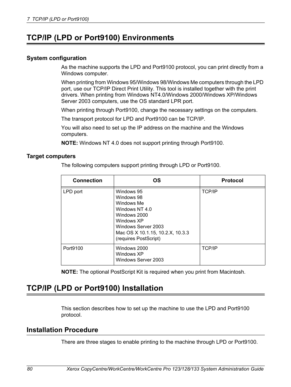 Tcp/ip (lpd or port9100) environments, Tcp/ip (lpd or port9100) installation, Installation procedure | Xerox WorkCentre M123-M128-6336 User Manual | Page 80 / 166