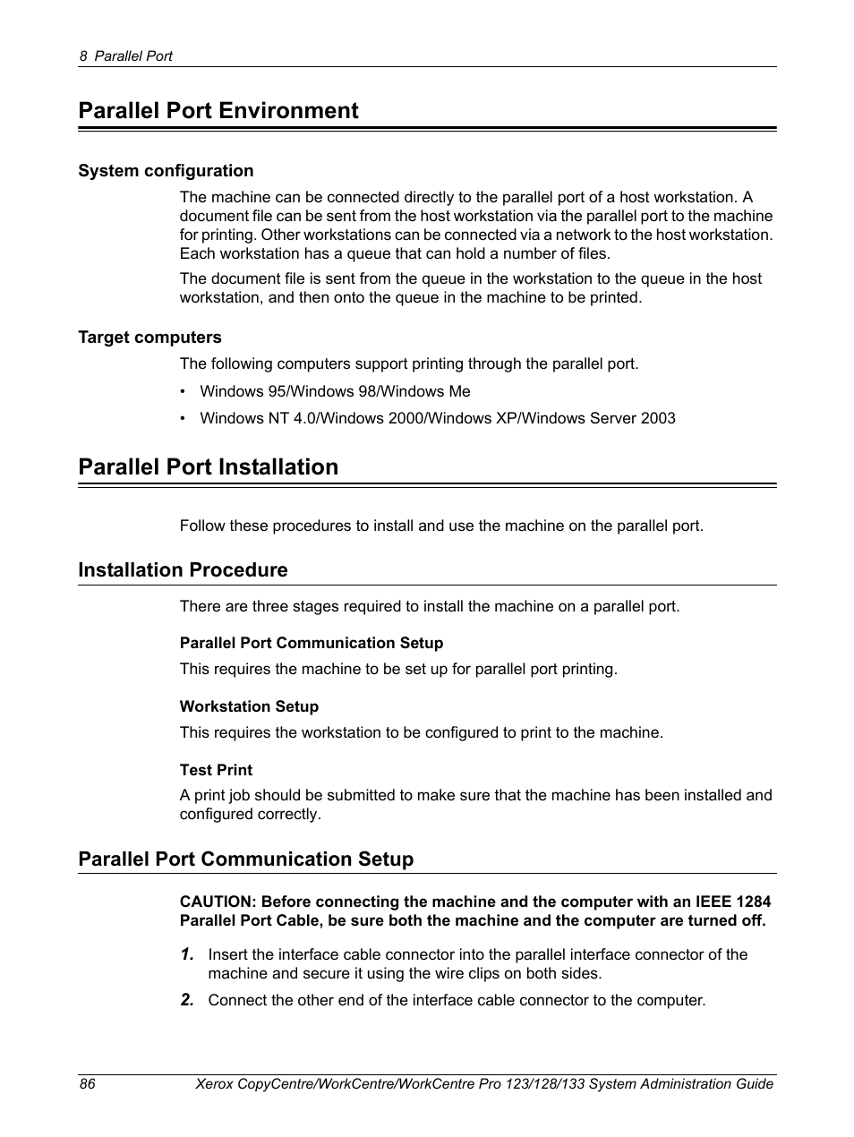 Parallel port environment, Parallel port installation, Installation procedure | Parallel port communication setup | Xerox WorkCentre M123-M128-6336 User Manual | Page 86 / 166