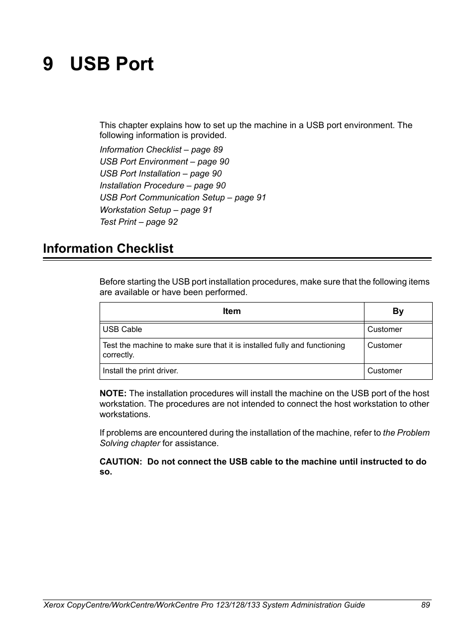 9 usb port, Information checklist, Usb port | Xerox WorkCentre M123-M128-6336 User Manual | Page 89 / 166