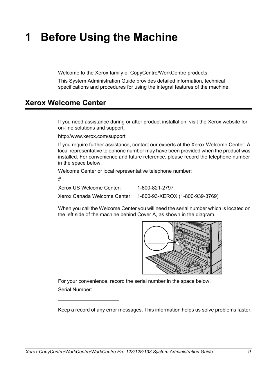 1 before using the machine, Xerox welcome center, Before using the machine | Xerox WorkCentre M123-M128-6336 User Manual | Page 9 / 166