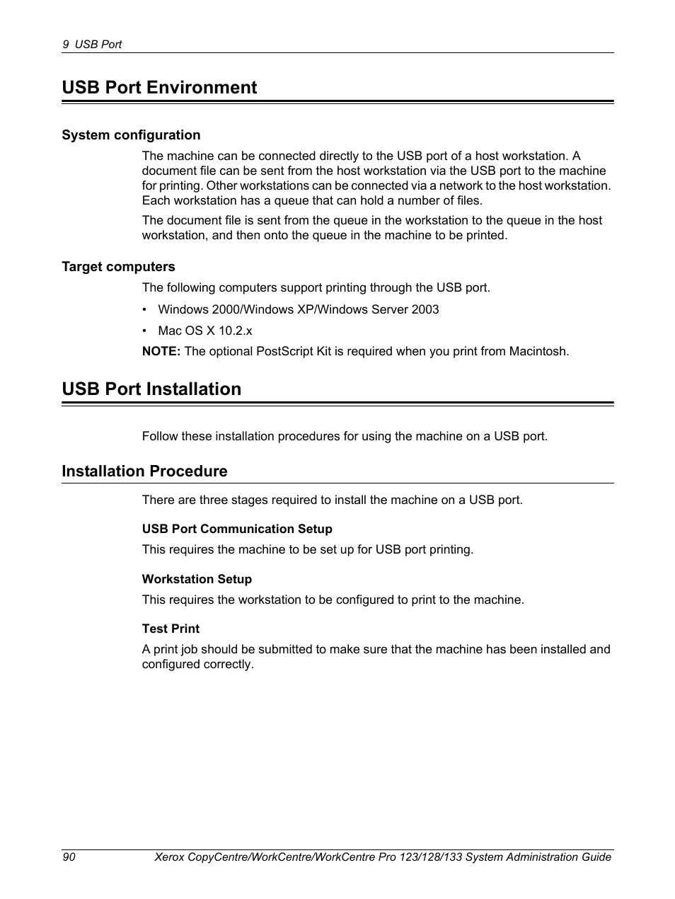 Usb port environment, Usb port installation, Installation procedure | Xerox WorkCentre M123-M128-6336 User Manual | Page 90 / 166