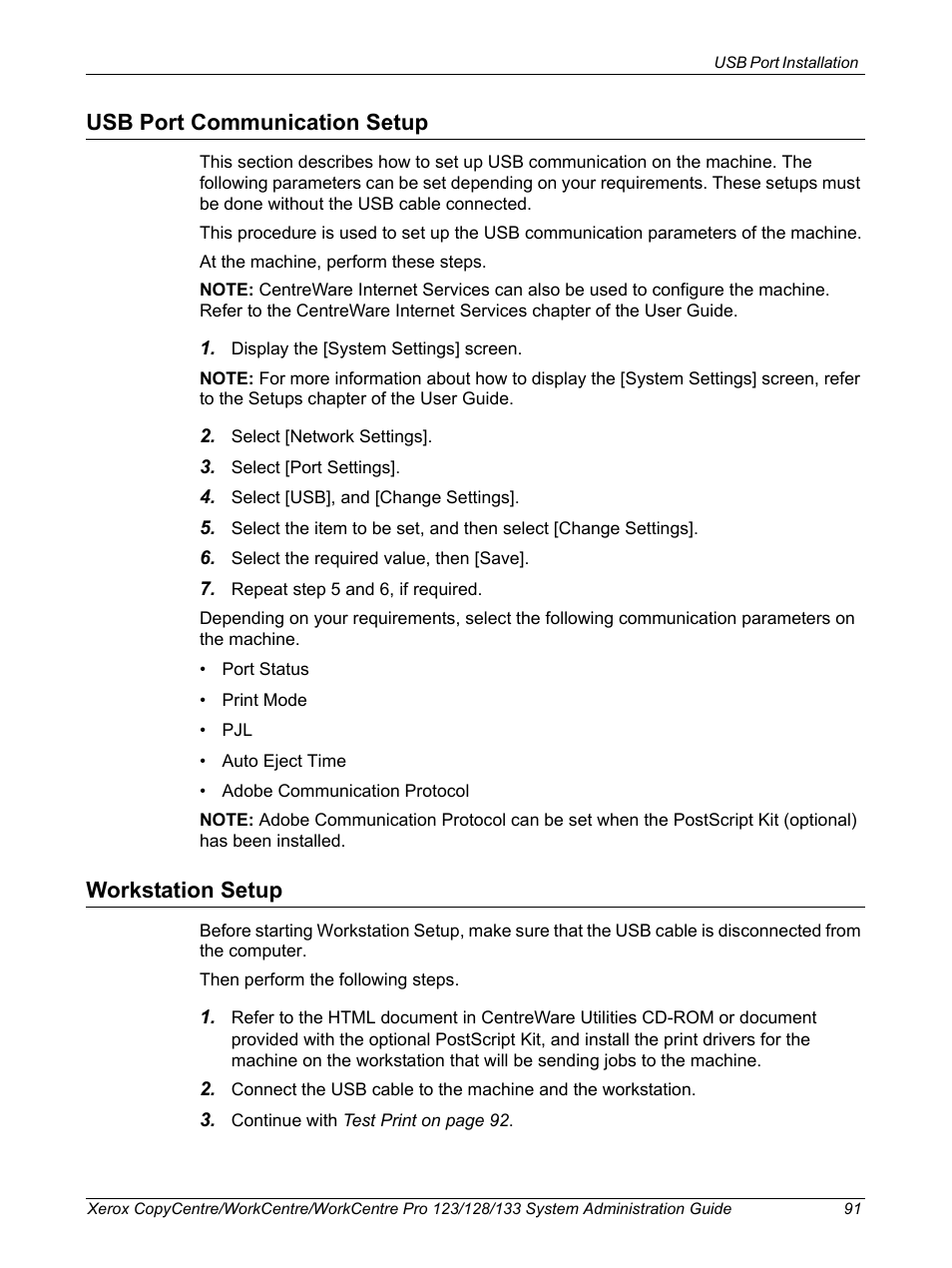 Usb port communication setup, Workstation setup, Usb port communication setup workstation setup | Xerox WorkCentre M123-M128-6336 User Manual | Page 91 / 166