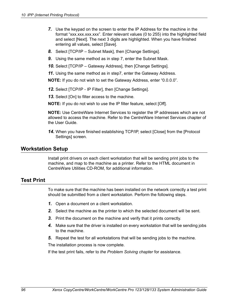 Workstation setup, Test print, Workstation setup test print | Xerox WorkCentre M123-M128-6336 User Manual | Page 96 / 166