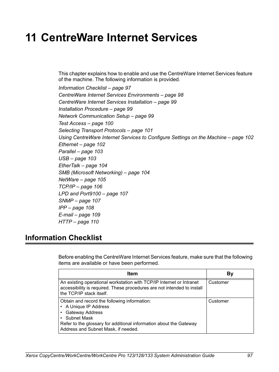 11 centreware internet services, Information checklist | Xerox WorkCentre M123-M128-6336 User Manual | Page 97 / 166