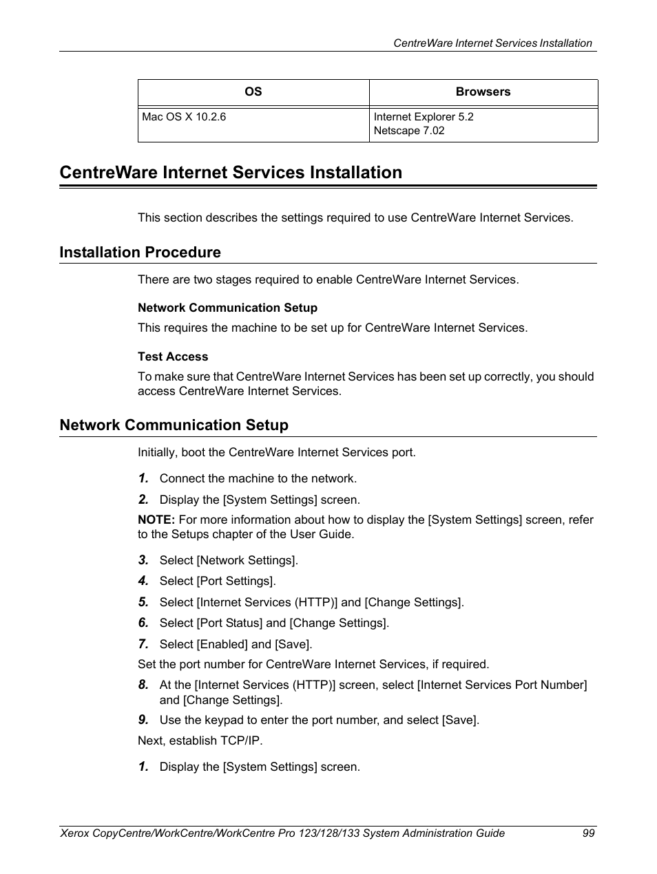 Centreware internet services installation, Installation procedure, Network communication setup | Installation procedure network communication setup | Xerox WorkCentre M123-M128-6336 User Manual | Page 99 / 166