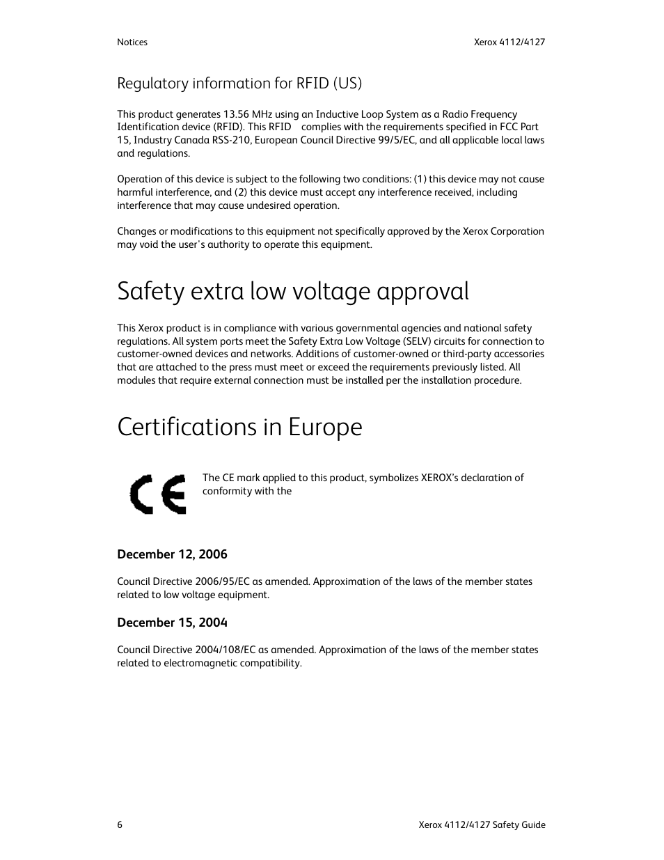 Regulatory information for rfid (us), Safety extra low voltage approval, Certifications in europe | Xerox 4112-4127 Enterprise Printing System-3364 User Manual | Page 10 / 20