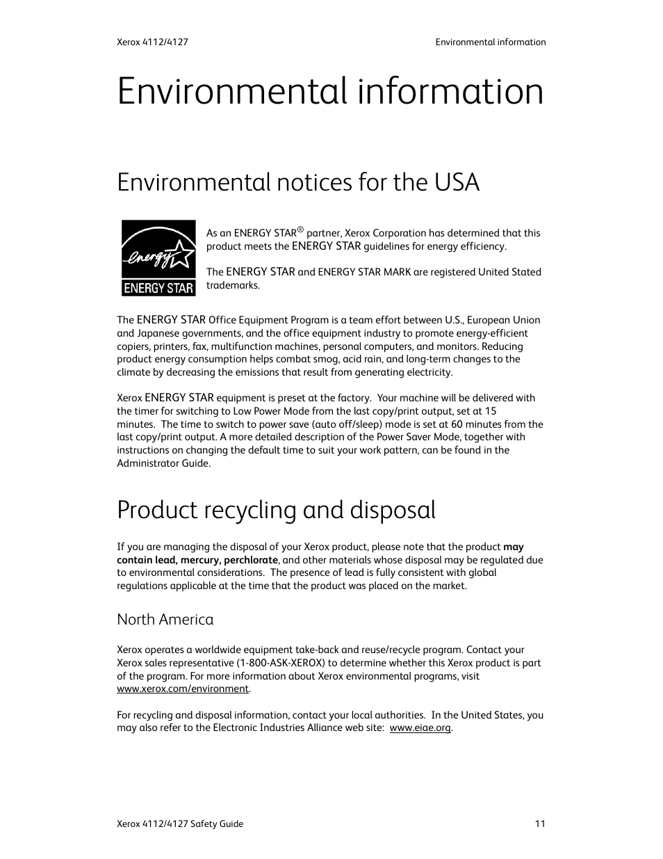 Environmental information, Environmental notices for the usa, Product recycling and disposal | North america | Xerox 4112-4127 Enterprise Printing System-3364 User Manual | Page 15 / 20