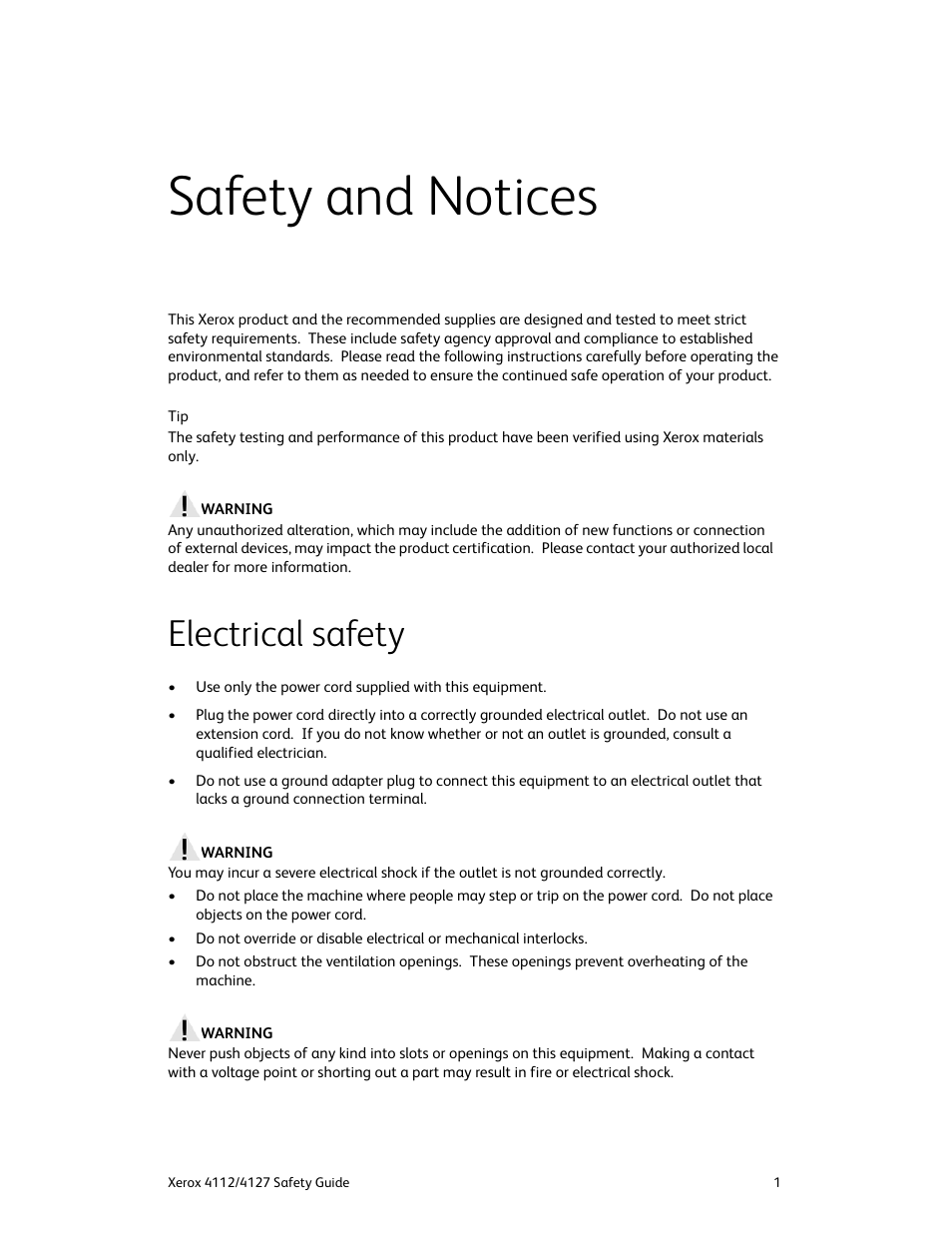 Safety and notices, Electrical safety | Xerox 4112-4127 Enterprise Printing System-3364 User Manual | Page 5 / 20