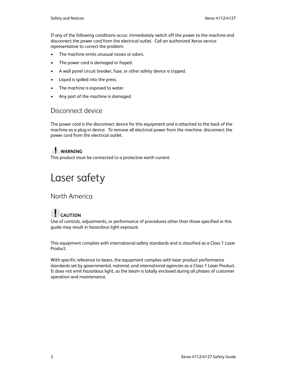 Disconnect device, Laser safety, North america | Xerox 4112-4127 Enterprise Printing System-3364 User Manual | Page 6 / 20