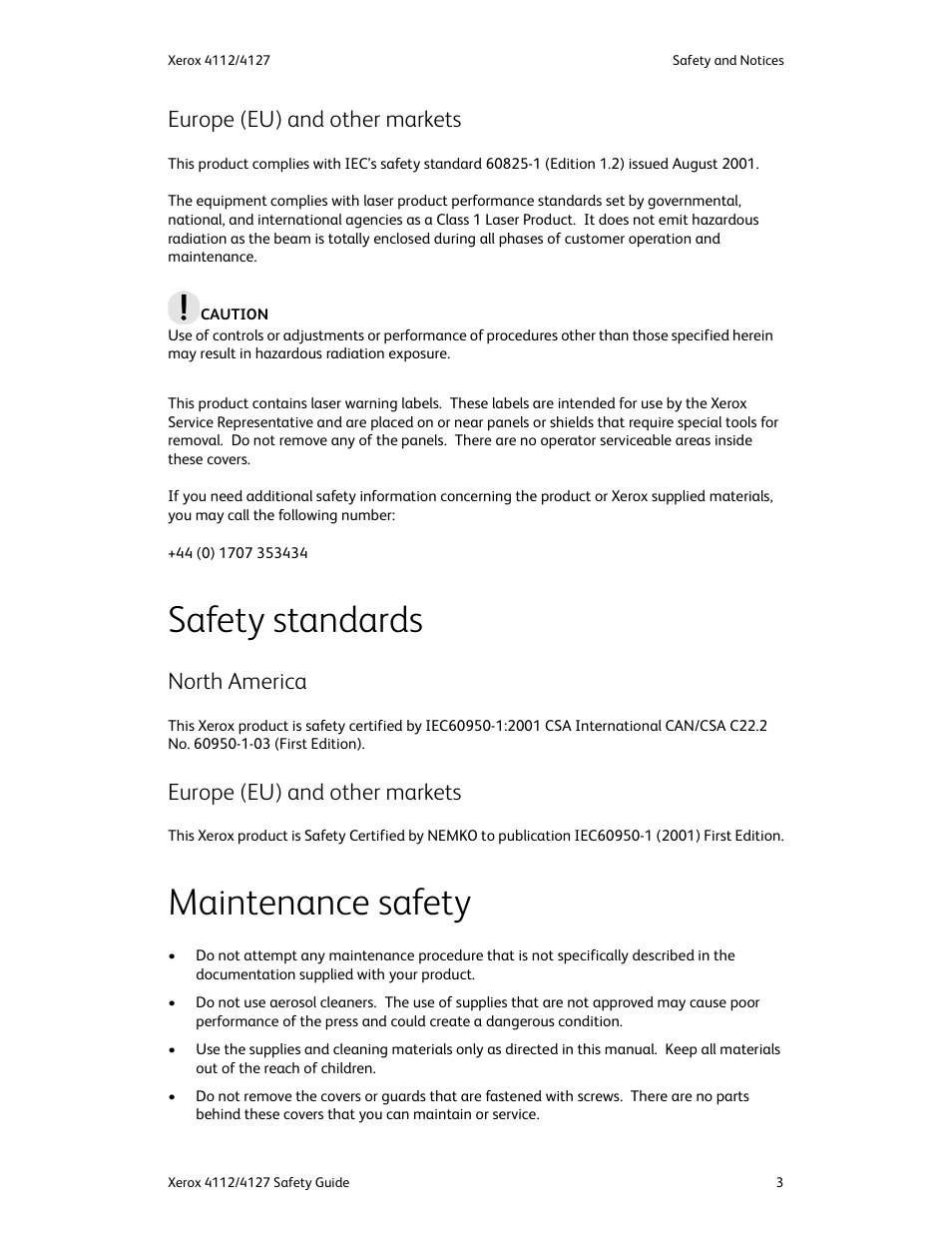 Europe (eu) and other markets, Safety standards, North america | Maintenance safety, North america europe (eu) and other markets | Xerox 4112-4127 Enterprise Printing System-3364 User Manual | Page 7 / 20