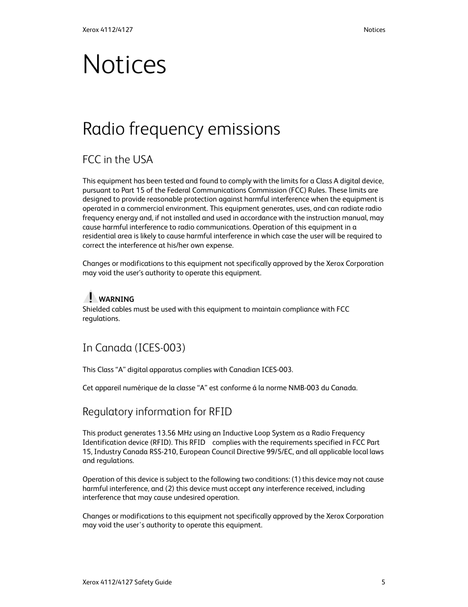 Notices, Radio frequency emissions, Fcc in the usa | In canada (ices-003), Regulatory information for rfid | Xerox 4112-4127 Enterprise Printing System-3364 User Manual | Page 9 / 20