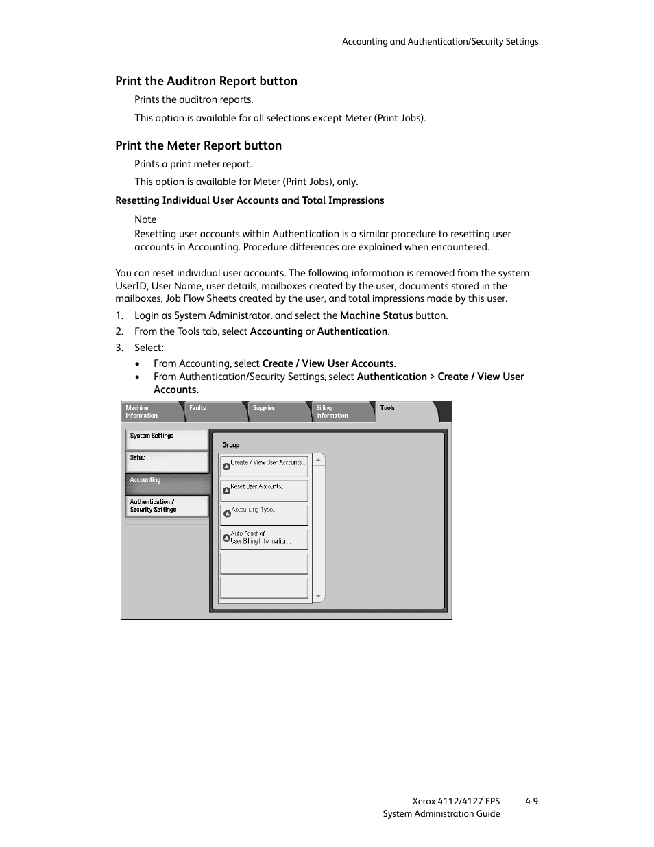Print the auditron report button, Print the meter report button | Xerox 4112-4127 Enterprise Printing System-4611 User Manual | Page 101 / 148