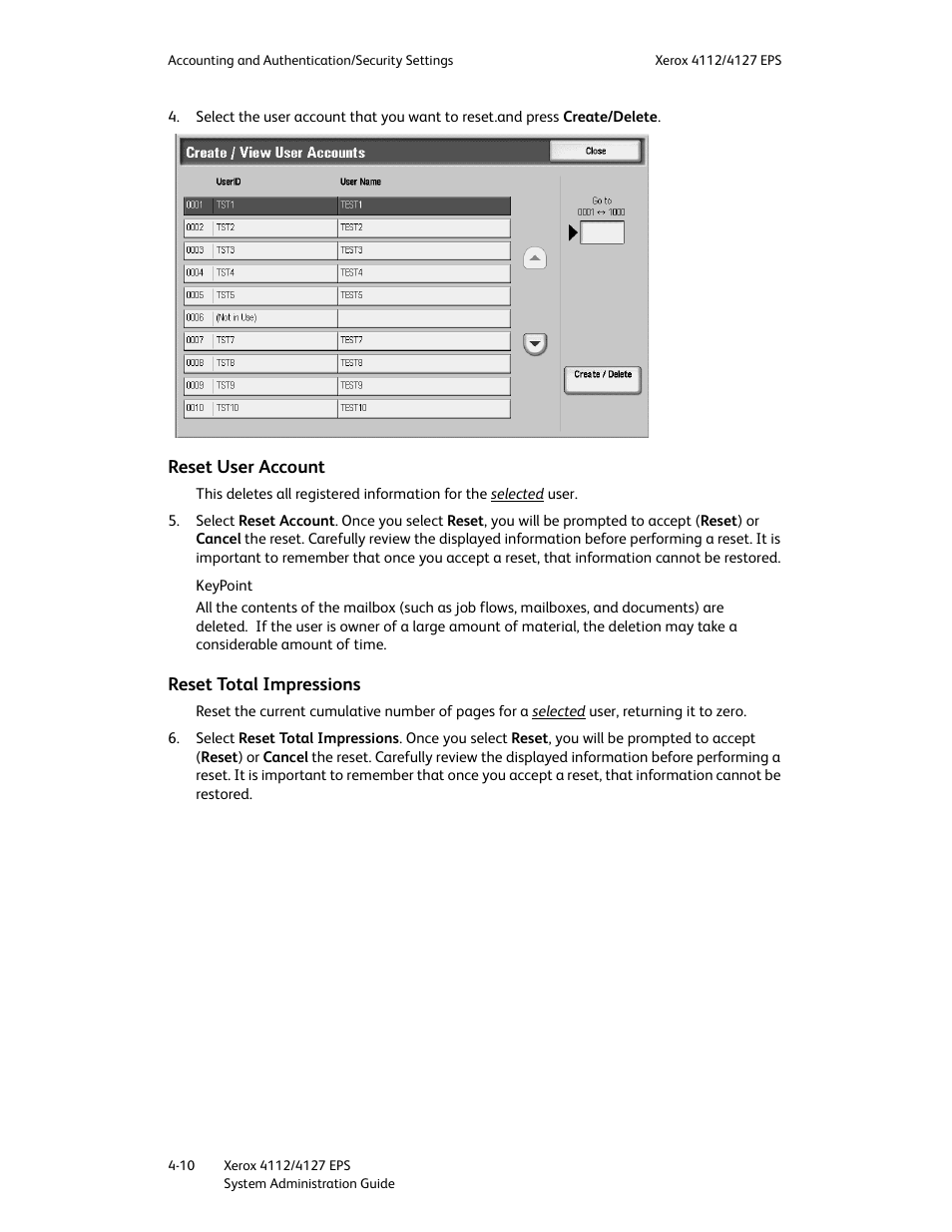 Reset user account, Reset total impressions, Reset user account -10 reset total impressions -10 | Xerox 4112-4127 Enterprise Printing System-4611 User Manual | Page 102 / 148