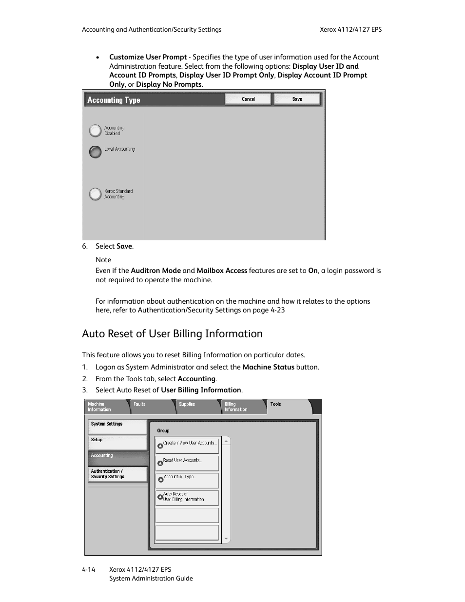 Auto reset of user billing information, Auto reset of user billing information -14 | Xerox 4112-4127 Enterprise Printing System-4611 User Manual | Page 106 / 148