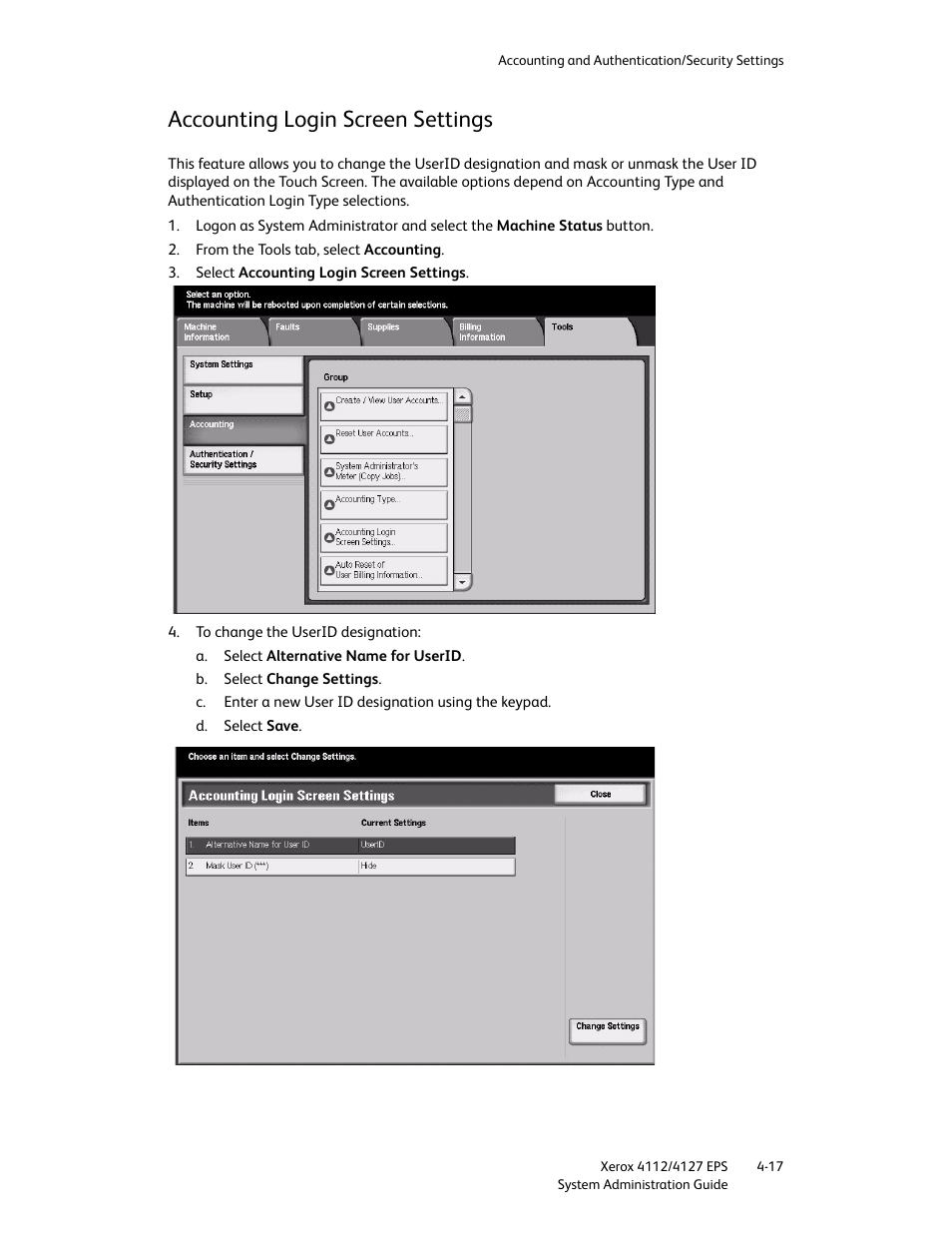 Accounting login screen settings, Accounting login screen settings -17 | Xerox 4112-4127 Enterprise Printing System-4611 User Manual | Page 109 / 148