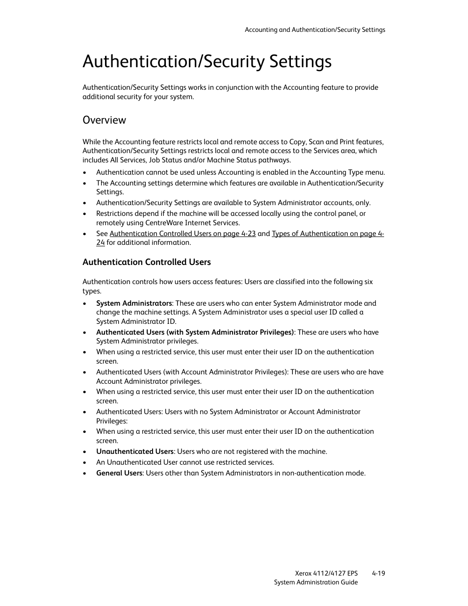 Authentication/security settings, Overview, Authentication controlled users | Authentication/security settings -19, Overview -19, Authentication controlled users -19 | Xerox 4112-4127 Enterprise Printing System-4611 User Manual | Page 111 / 148