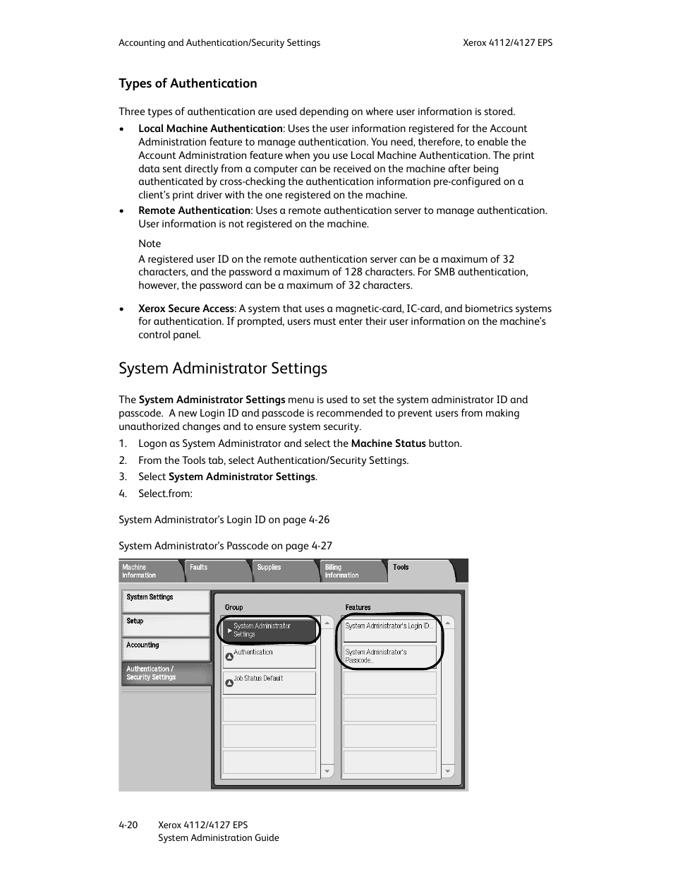 Types of authentication, System administrator settings, Types of authentication -20 | System administrator settings -20 | Xerox 4112-4127 Enterprise Printing System-4611 User Manual | Page 112 / 148