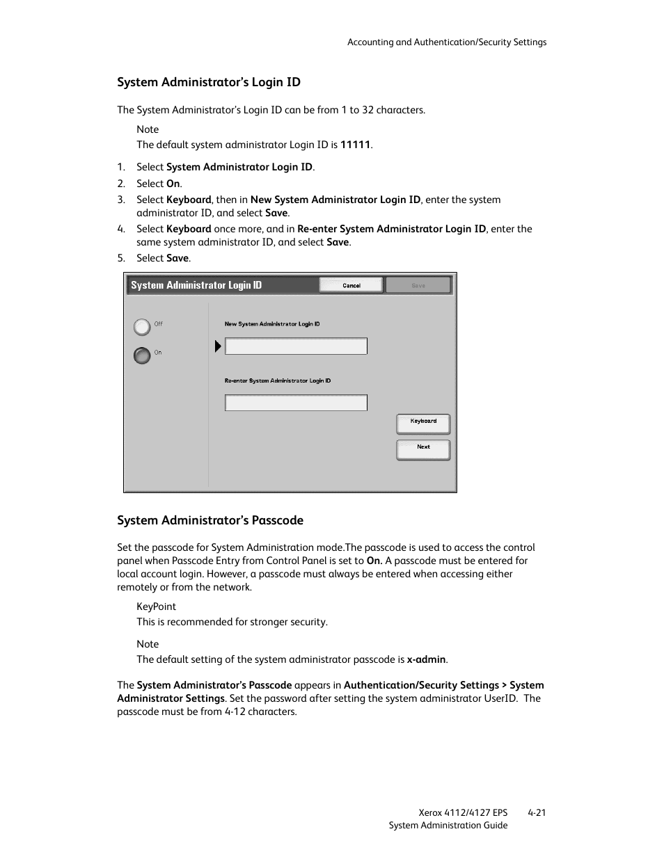 System administrator’s login id, System administrator’s passcode | Xerox 4112-4127 Enterprise Printing System-4611 User Manual | Page 113 / 148