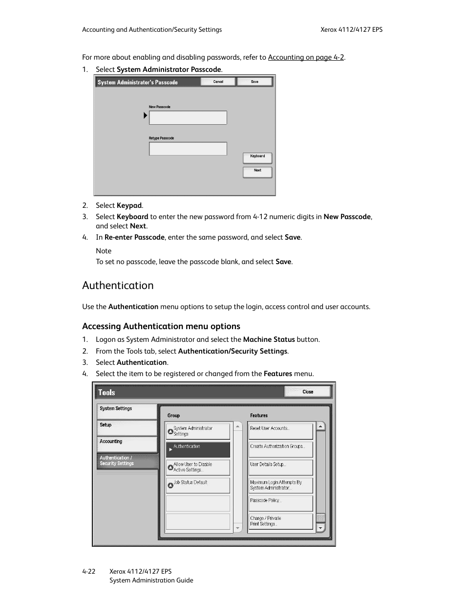 Authentication, Accessing authentication menu options, Authentication -22 | Accessing authentication menu options -22 | Xerox 4112-4127 Enterprise Printing System-4611 User Manual | Page 114 / 148